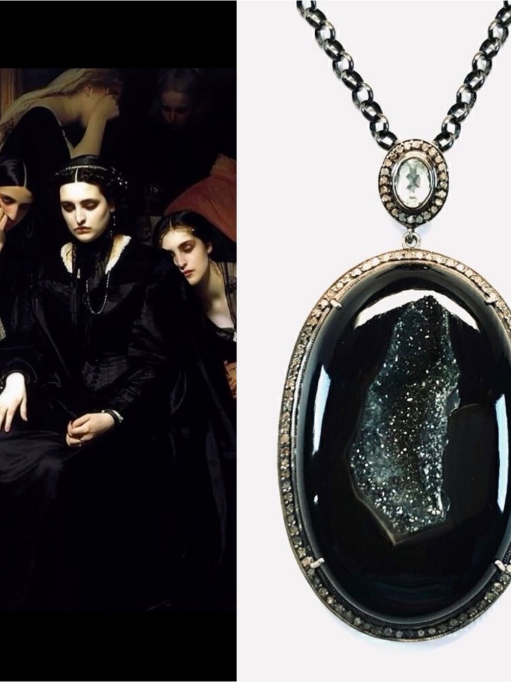 ♥️  Black Druzy Agate Pavé Diamonds White Topaz pendant necklace